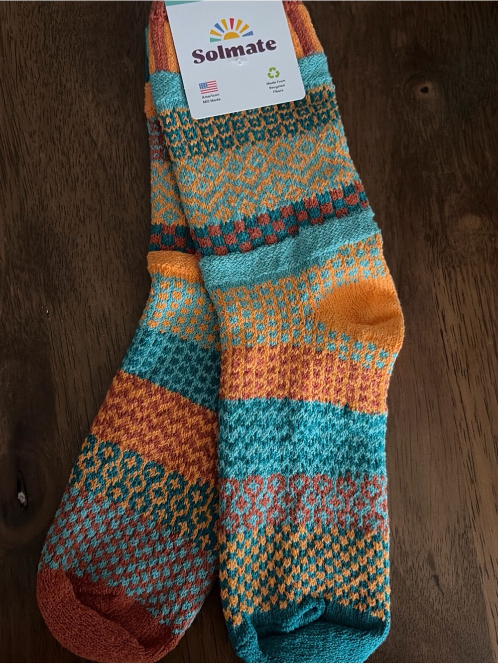 NEW Turquoise and Orange Solmate Crew Socks - Large